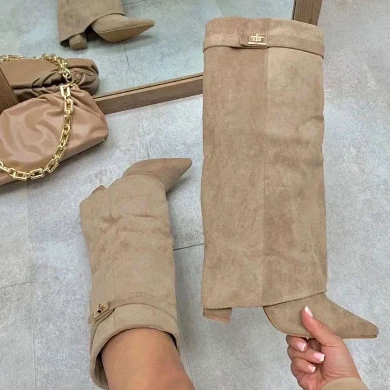 Women's Suede Knee-High Buckle Strap Wedge Thigh-High Boots - Apricot Plush