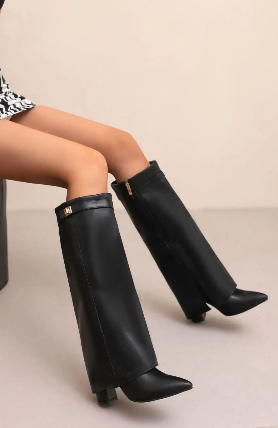 Women's Suede Knee-High Buckle Strap Wedge Thigh-High Boots - Black Plush