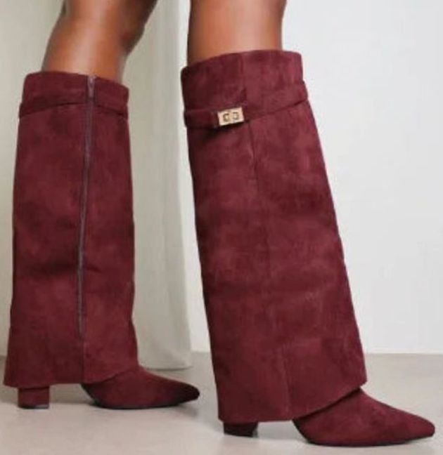 Women's Suede Knee-High Buckle Strap Wedge Thigh-High Boots - Red Suede Plush