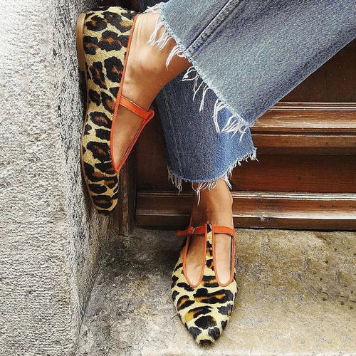 Women's Suede Leopard Print T-Strap Pointed-Toe Flats