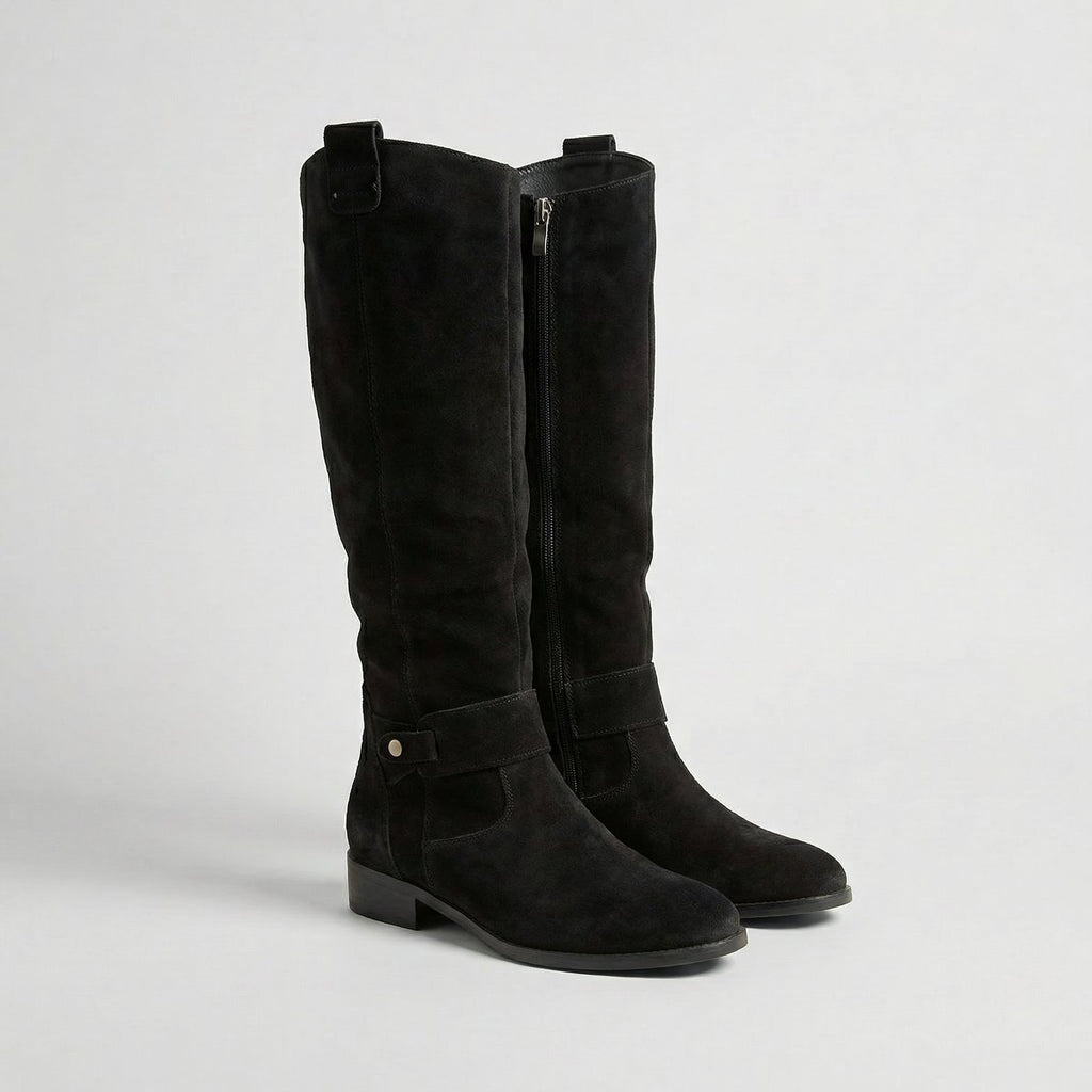 Women's Suede Look Low Heel Knee-High Slouch Ankle Boots - Black