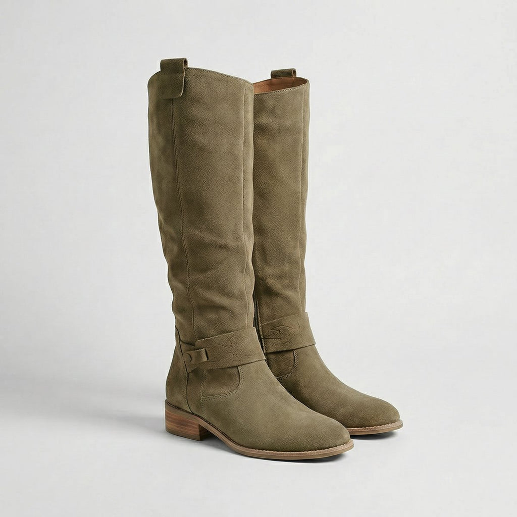 Women's Suede Look Low Heel Knee-High Slouch Ankle Boots - Green
