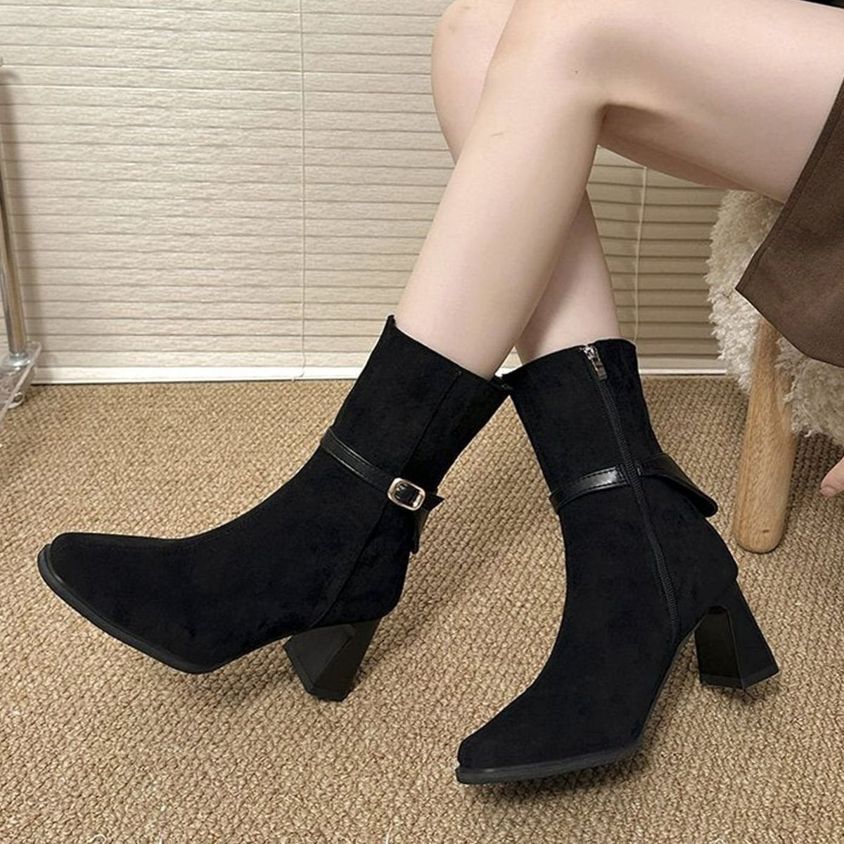 Women's Suede-Look Pointed-Toe Block-Heel Ankle Boots Buckle Strap Side Zip