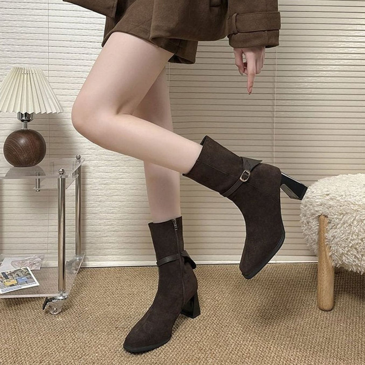 Women's Suede-Look Pointed-Toe Block-Heel Ankle Boots Buckle Strap Side Zip