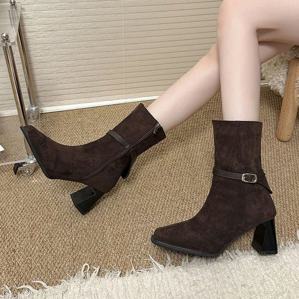 Women's Suede-Look Pointed-Toe Block-Heel Ankle Boots Buckle Strap Side Zip