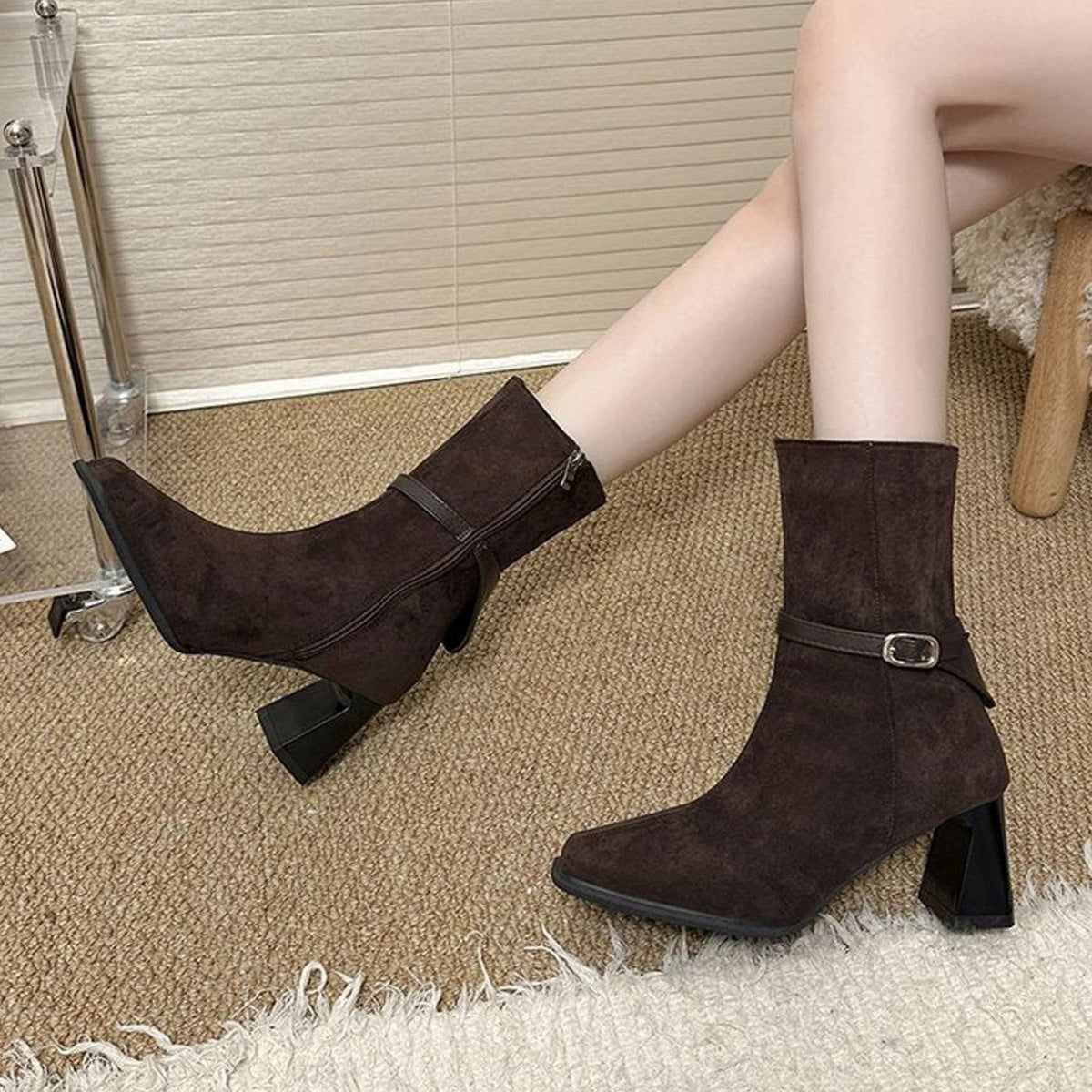 Women's Suede-Look Pointed-Toe Block-Heel Ankle Boots Buckle Strap Side Zip