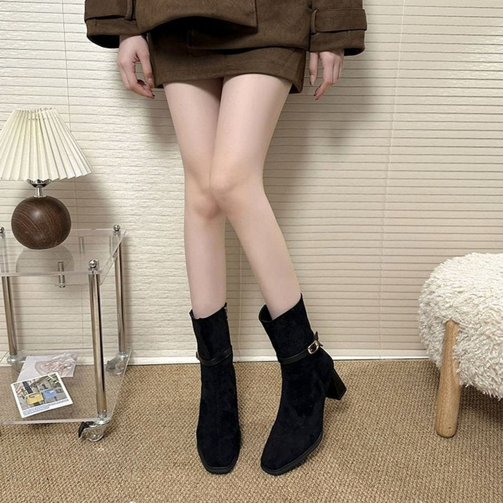 Women's Suede-Look Pointed-Toe Block-Heel Ankle Boots Buckle Strap Side Zip