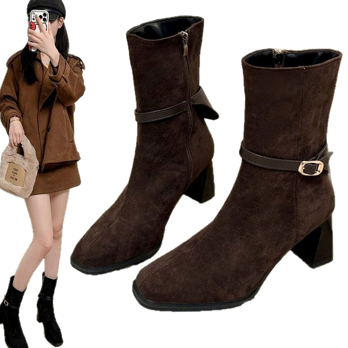Women's Suede-Look Pointed-Toe Block-Heel Ankle Boots Buckle Strap Side Zip