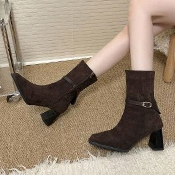 Women's Suede-Look Pointed-Toe Block-Heel Ankle Boots Buckle Strap Side Zip - Brown
