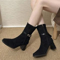 Women's Suede-Look Pointed-Toe Block-Heel Ankle Boots Buckle Strap Side Zip - Black