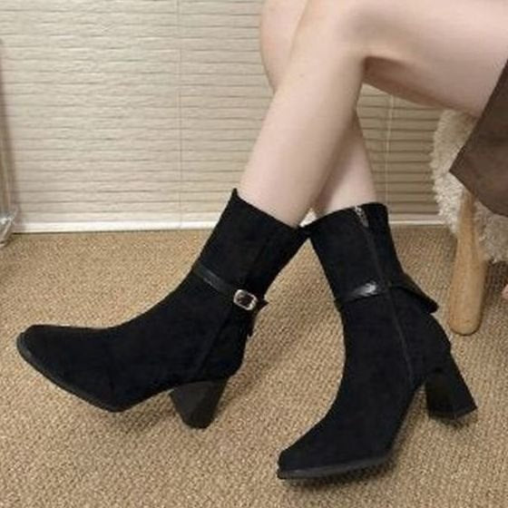 Women's Suede-Look Pointed-Toe Block-Heel Ankle Boots Buckle Strap Side Zip - Black