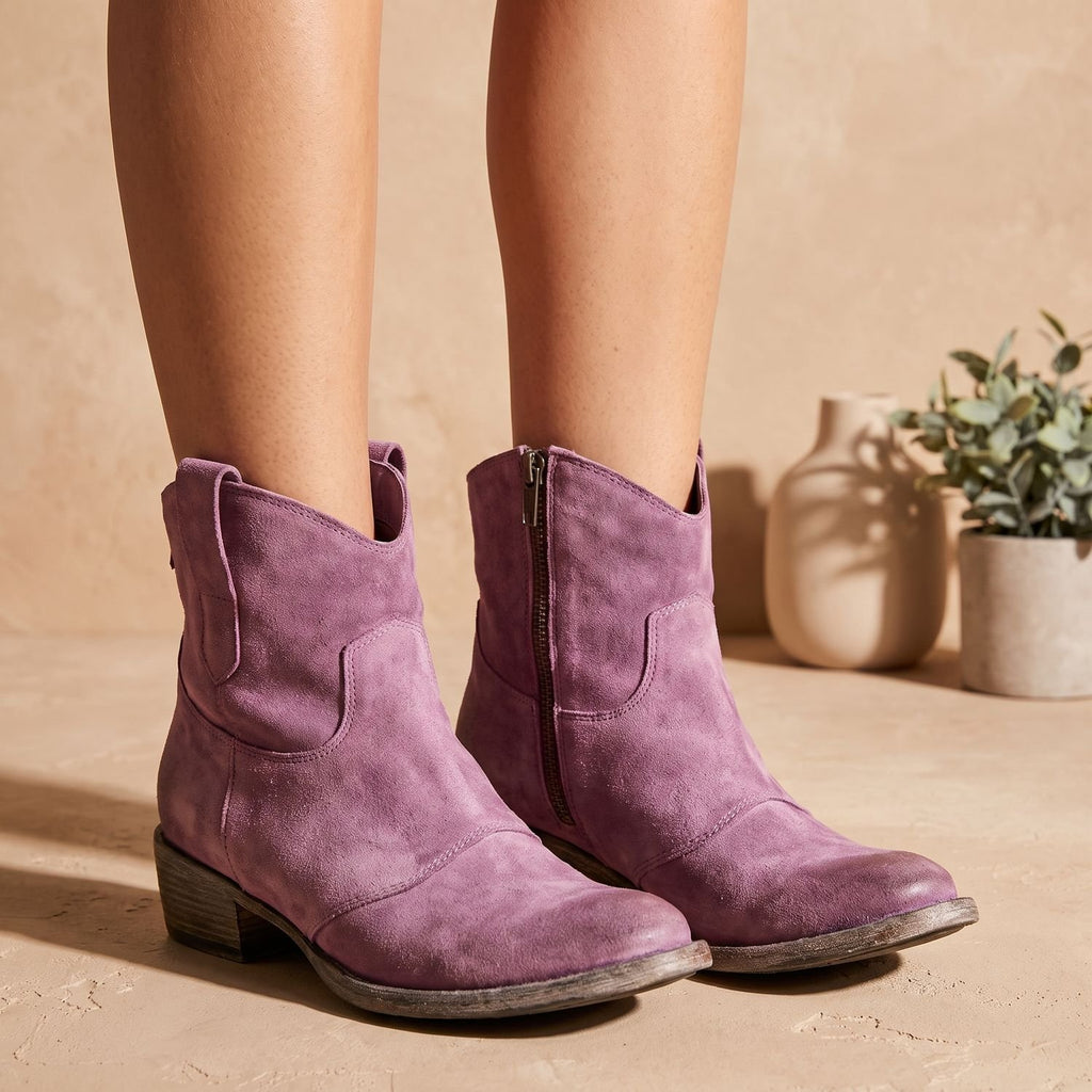 Women's Suede Low Block Heel Side-Zip Ankle Boots - Pink