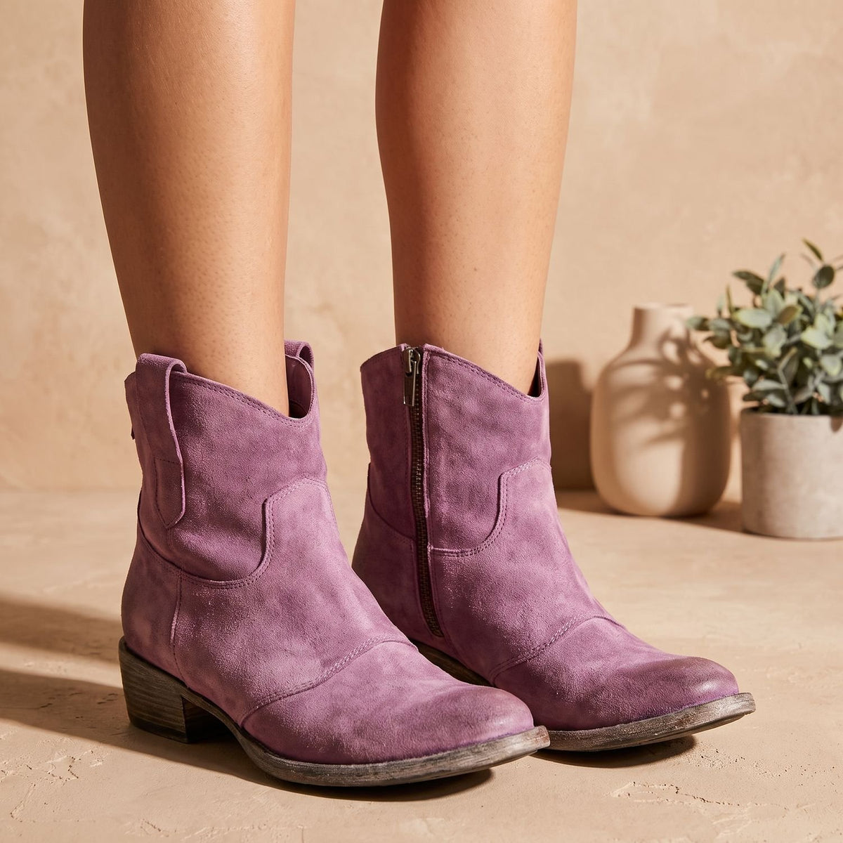 Women's Suede Low Block Heel Side-Zip Ankle Boots - Pink