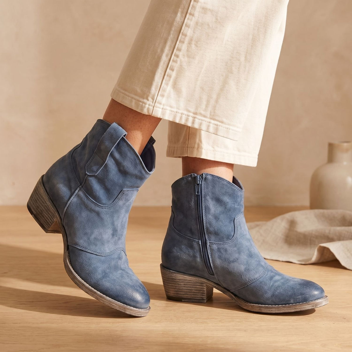 Women's Suede Low Block Heel Side-Zip Ankle Boots