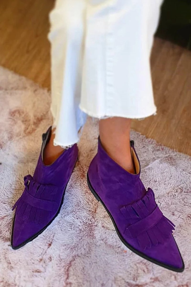 Women's Suede Pointed-Toe Fringe Slip-On Ankle Boots