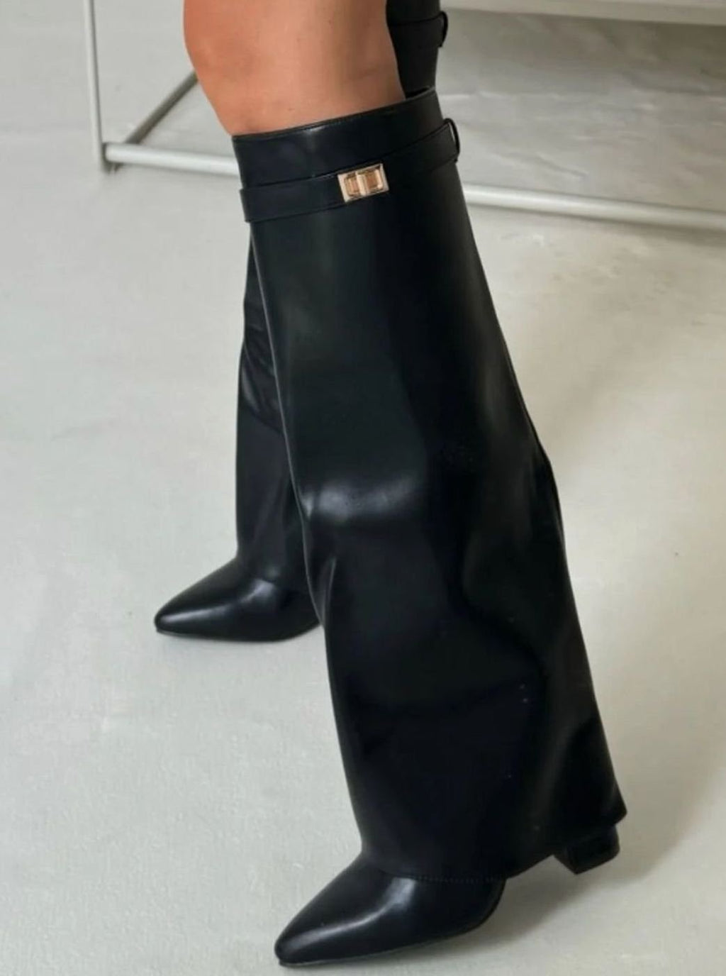 Women's Suede Pointed-Toe Gold-Buckle Thigh-High Boots