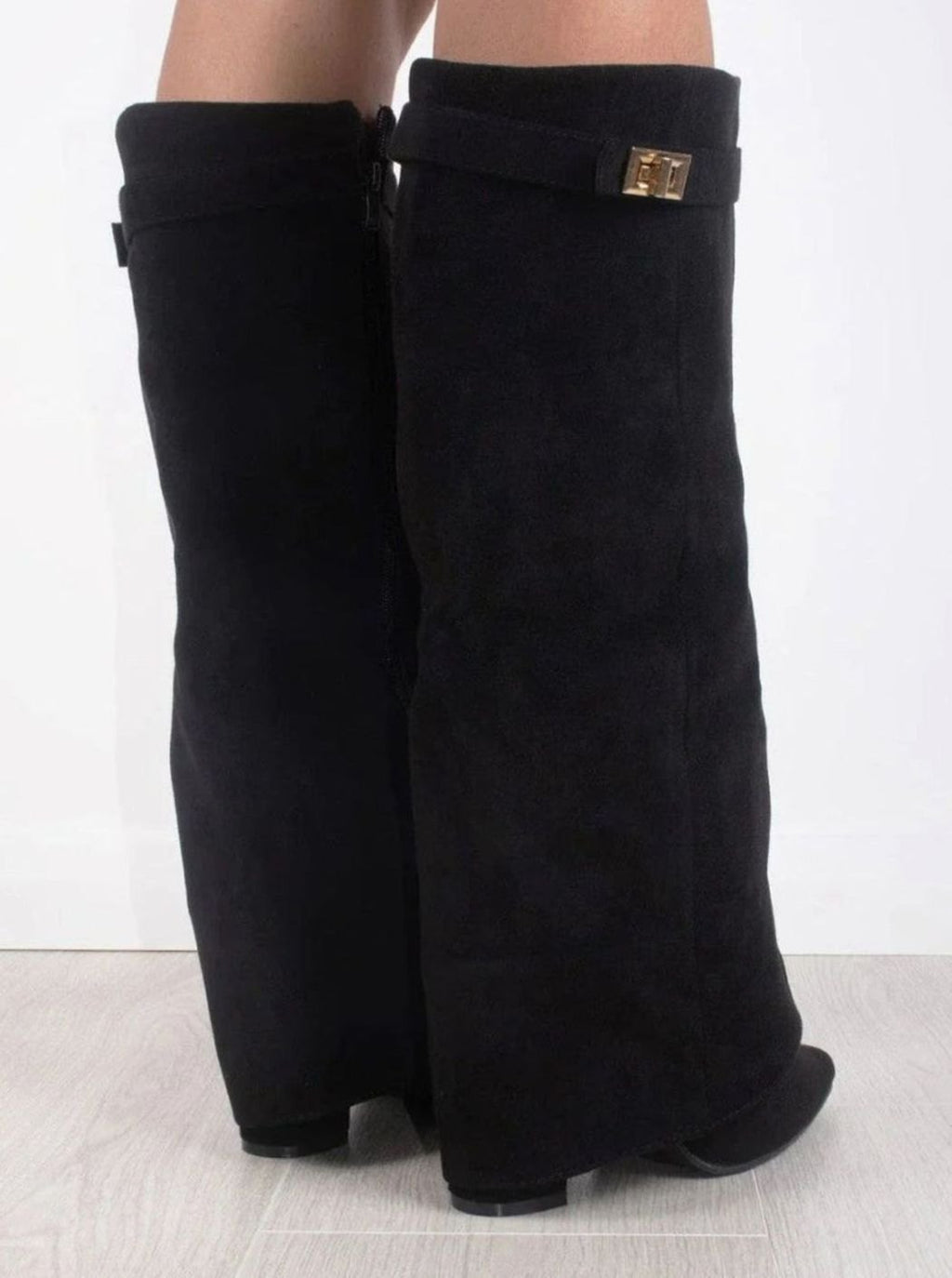 Women's Suede Pointed-Toe Gold-Buckle Thigh-High Boots