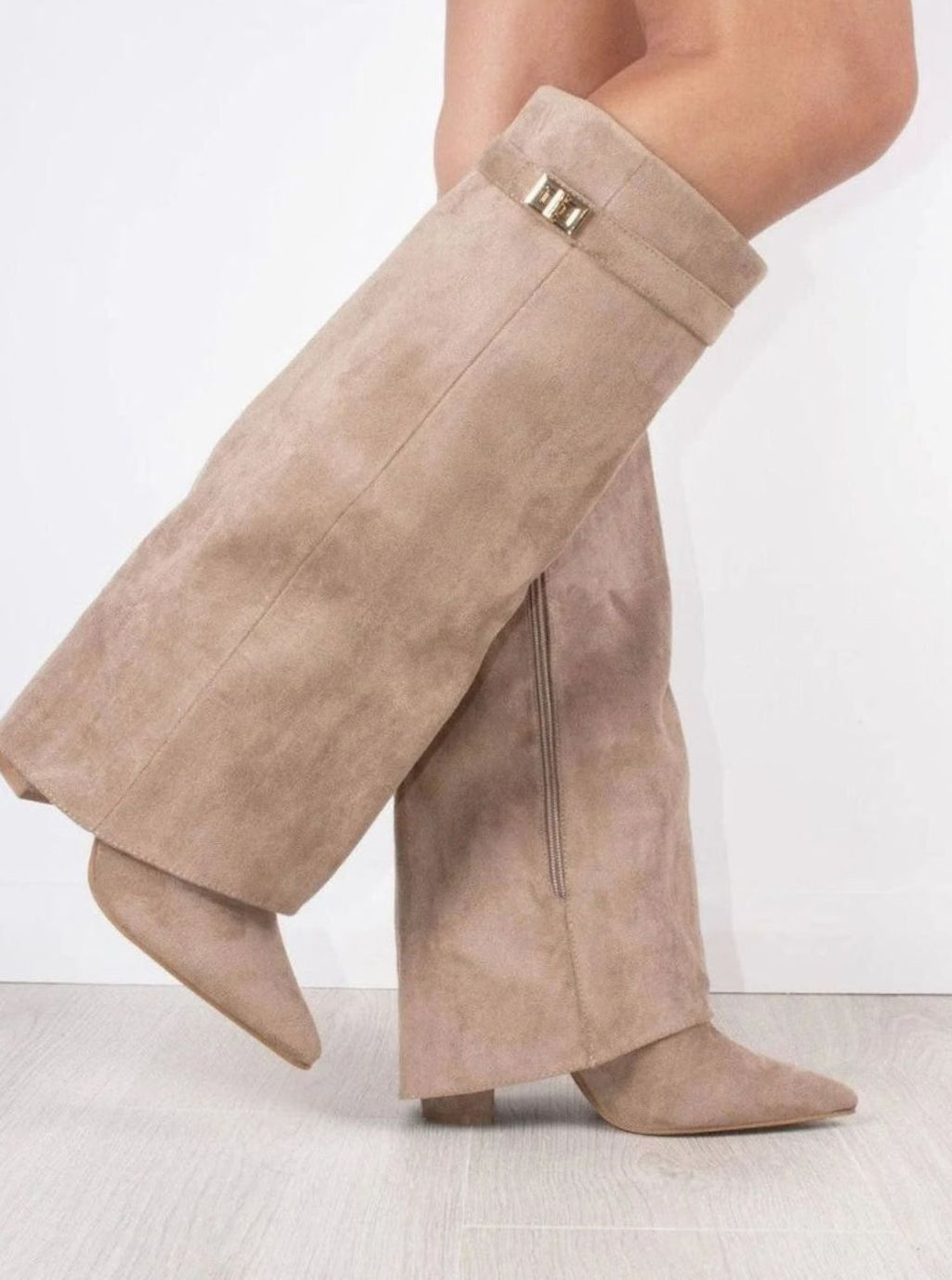 Women's Suede Pointed-Toe Gold-Buckle Thigh-High Boots - Beige Suede