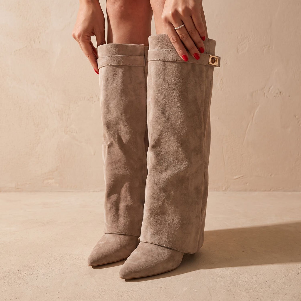 Women's Suede Pointed-Toe Knee-High Boots Gold Buckle