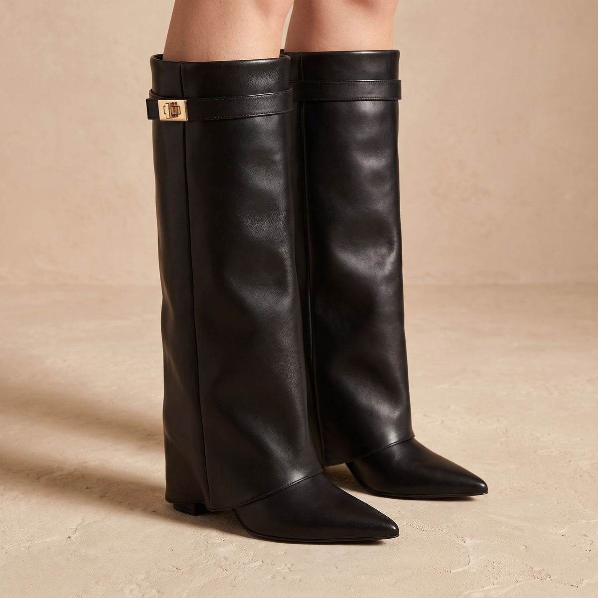 Women's Suede Pointed-Toe Knee-High Boots Gold Buckle - Black Leather