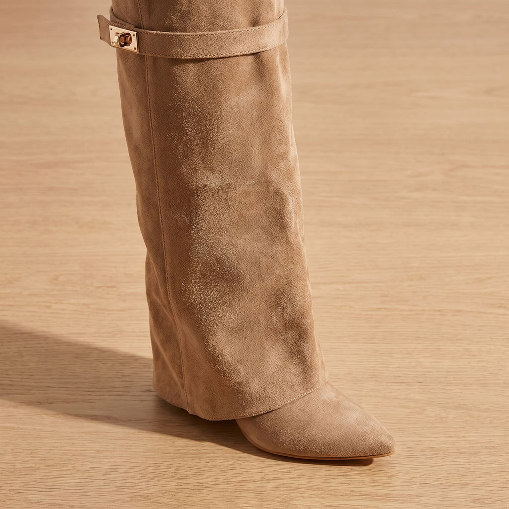 Women's Suede Pointed-Toe Knee-High Boots Gold Buckle