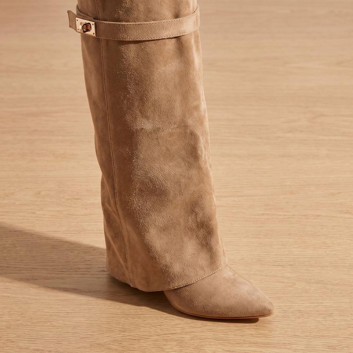 Women's Suede Pointed-Toe Knee-High Boots Gold Buckle