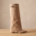 Women's Suede Pointed-Toe Knee-High Boots Gold Buckle - Taupe