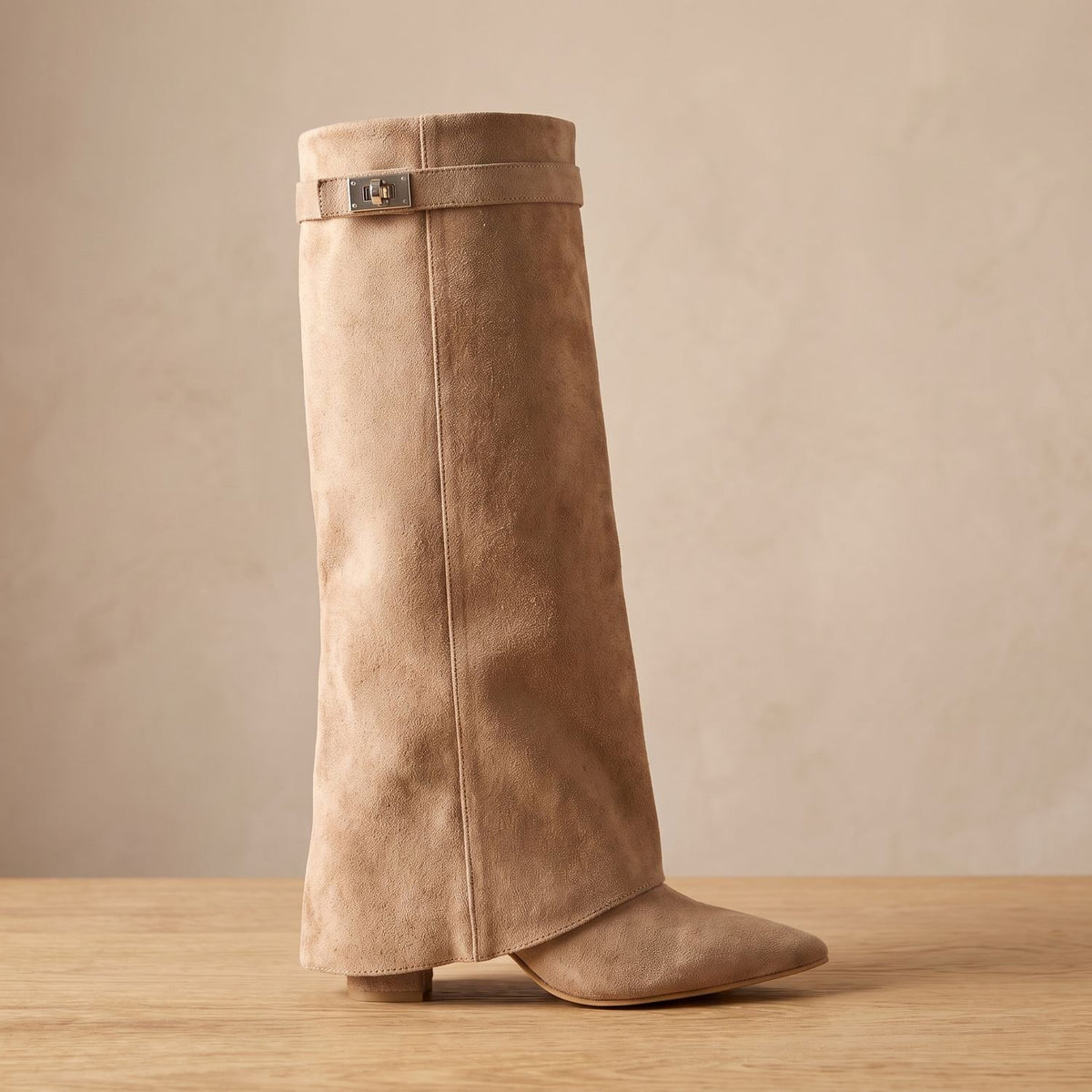 Women's Suede Pointed-Toe Knee-High Boots Gold Buckle - Taupe