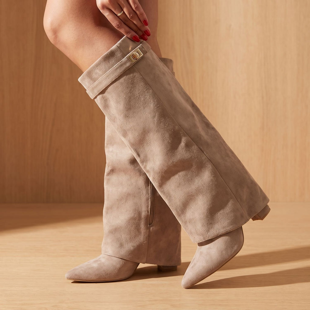 Women's Suede Pointed-Toe Knee-High Boots Gold Buckle - Light Gray