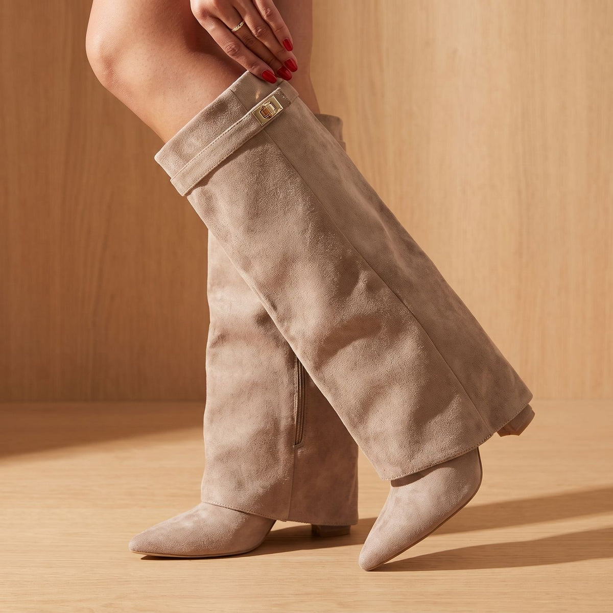 Women's Suede Pointed-Toe Knee-High Boots Gold Buckle - Light Gray