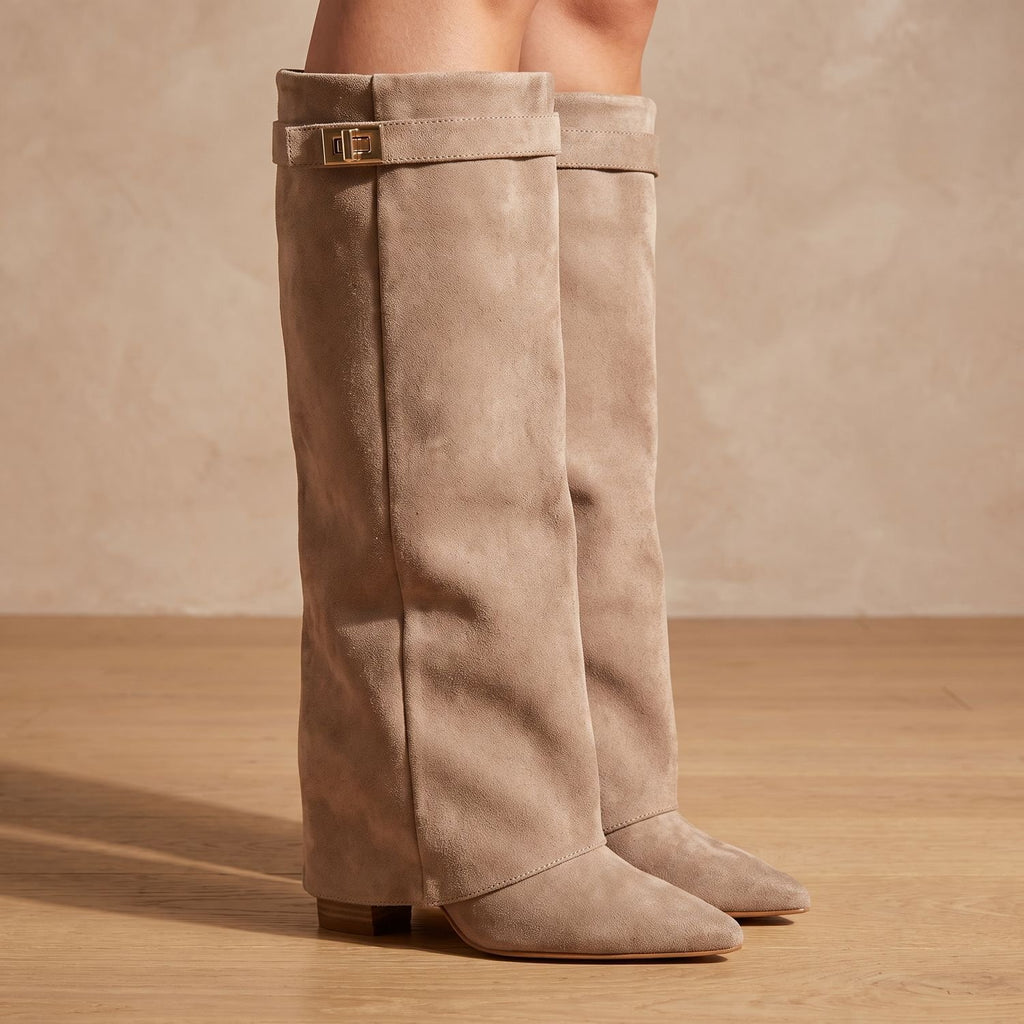 Women's Suede Pointed-Toe Knee-High Boots Gold Buckle - Gray