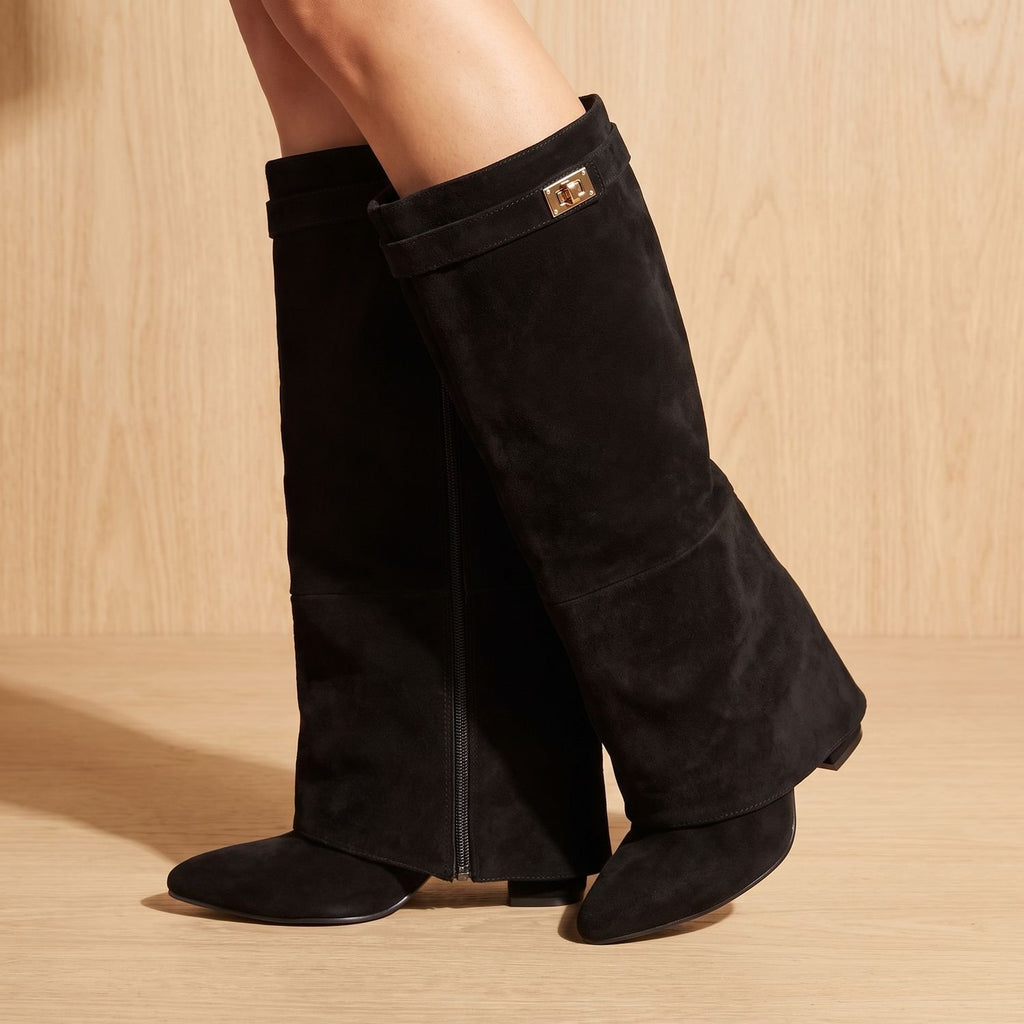 Women's Suede Pointed-Toe Knee-High Boots Gold Buckle