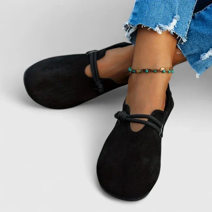 Women's Suede Rope-Strap Round-Toe Slip-On Flats - Black
