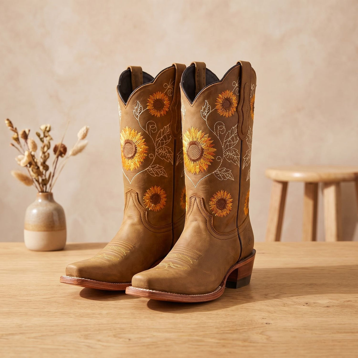 Women's Sunflower Embroidered Cowboy Boots Pointed Toe - Khaki