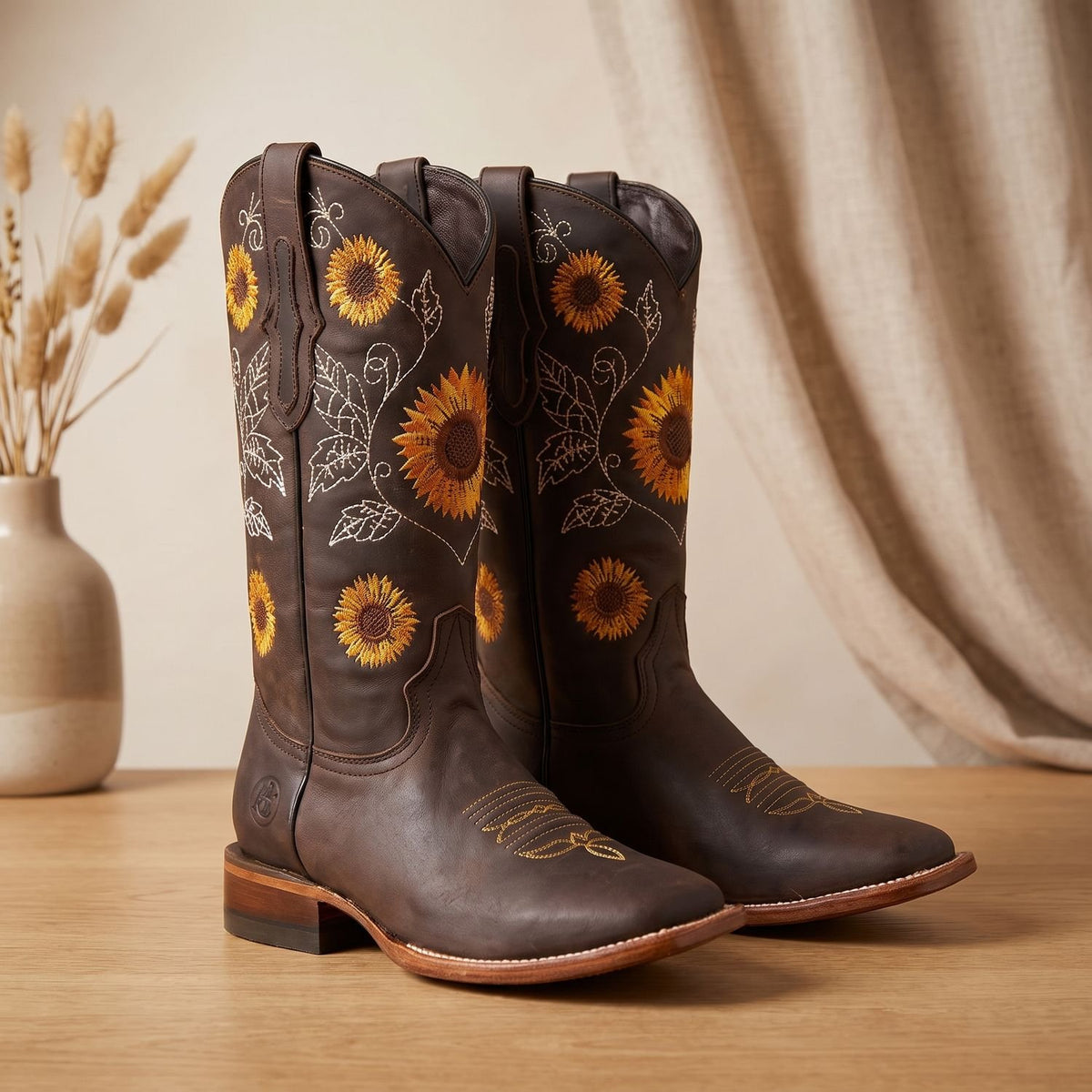 Women's Sunflower Embroidered Cowboy Boots Pointed Toe - Dark Brown