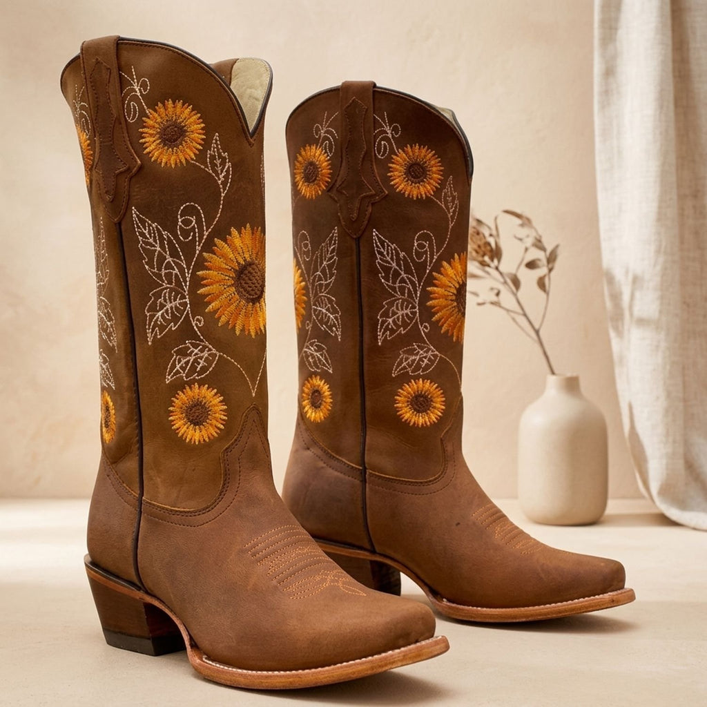 Women's Sunflower Embroidered Cowboy Boots Pointed Toe - Brown