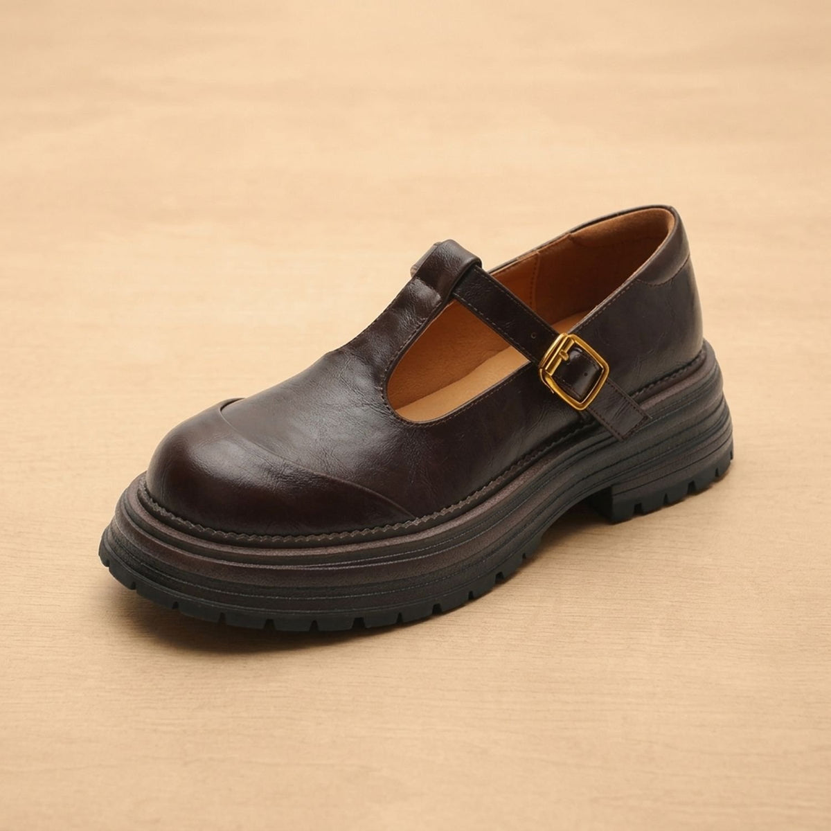 Women's T-Bar Buckle Platform Mary Jane Shoes - Brown
