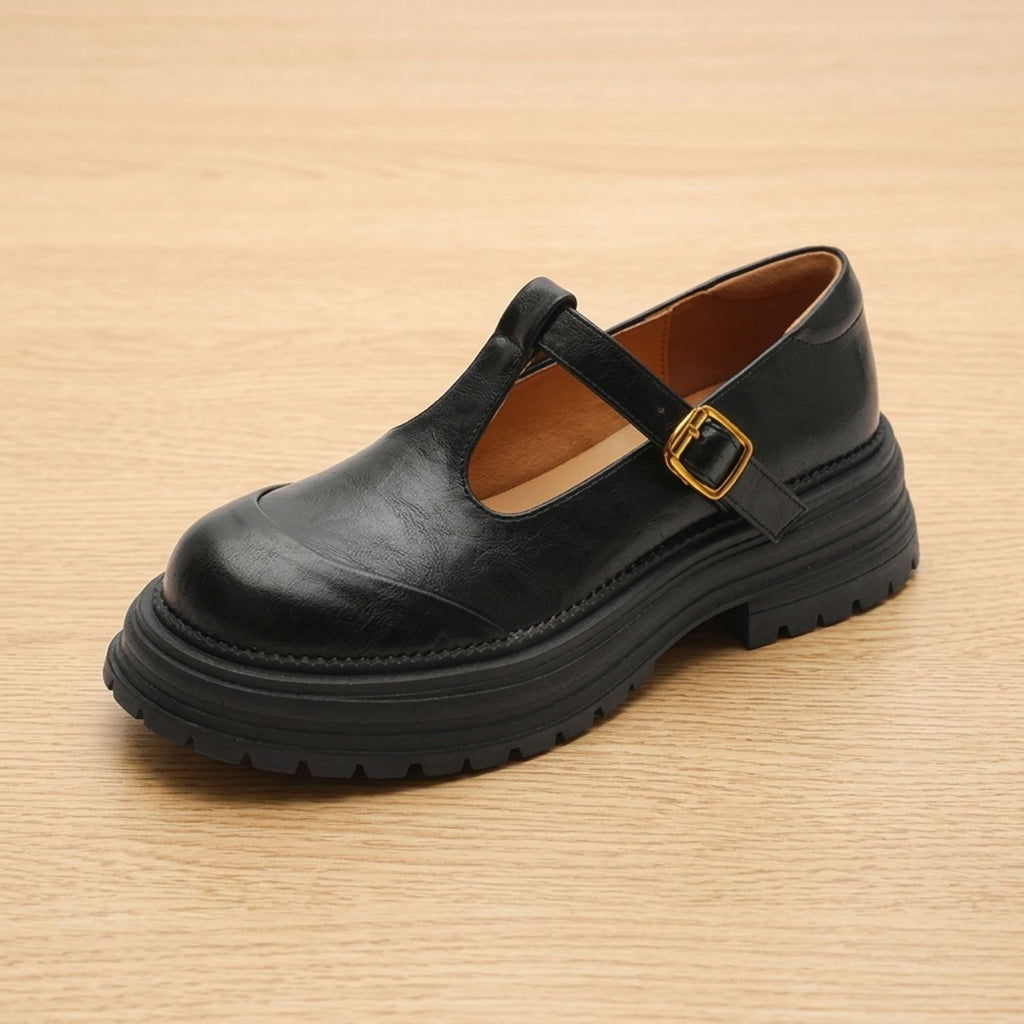 Women's T-Bar Buckle Platform Mary Jane Shoes - Black
