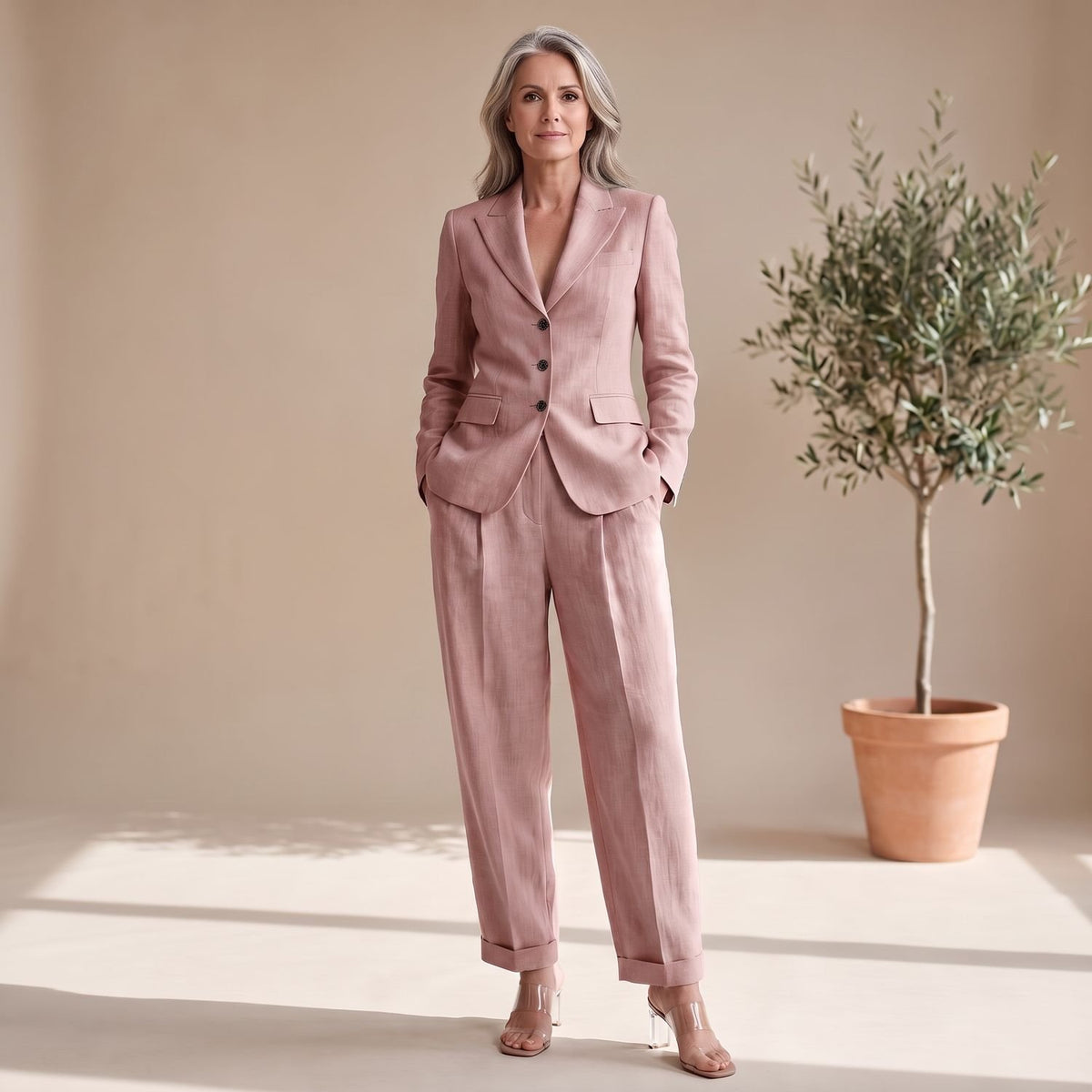 Women's Tailored Blazer Wide-Leg Pants Two-Piece Suit Set - Pink