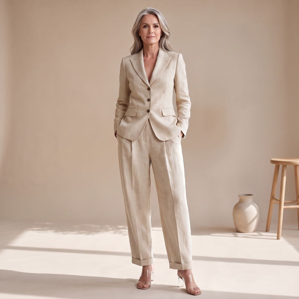 Women's Tailored Blazer Wide-Leg Pants Two-Piece Suit Set - White