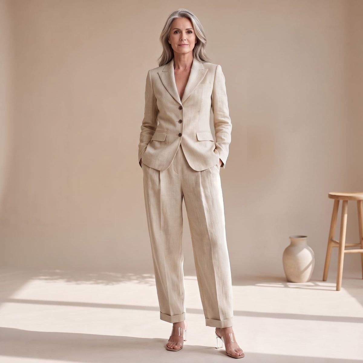 Women's Tailored Blazer Wide-Leg Pants Two-Piece Suit Set - White