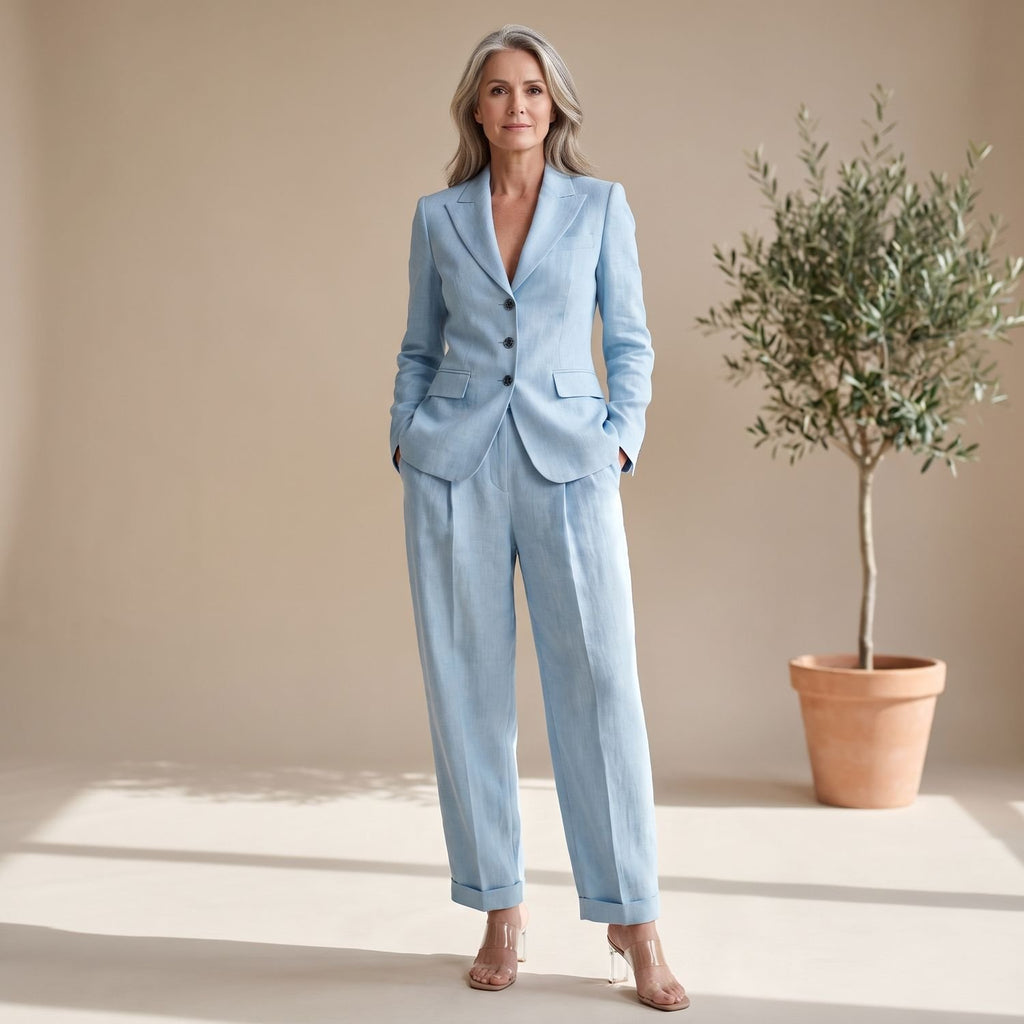 Women's Tailored Blazer Wide-Leg Pants Two-Piece Suit Set - Light Blue