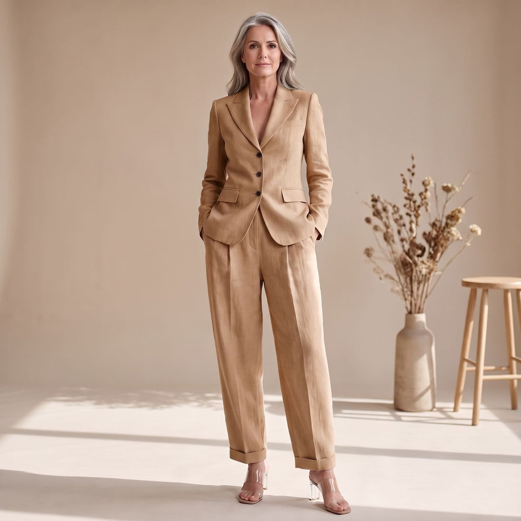 Women's Tailored Blazer Wide-Leg Pants Two-Piece Suit Set - Beige