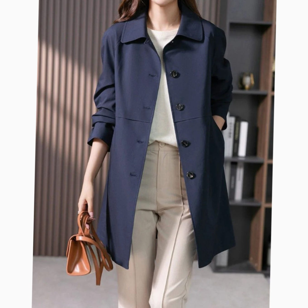 Women's Tailored-Fit Single-Breasted Mid-Thigh Trench Coat - Dark Blue