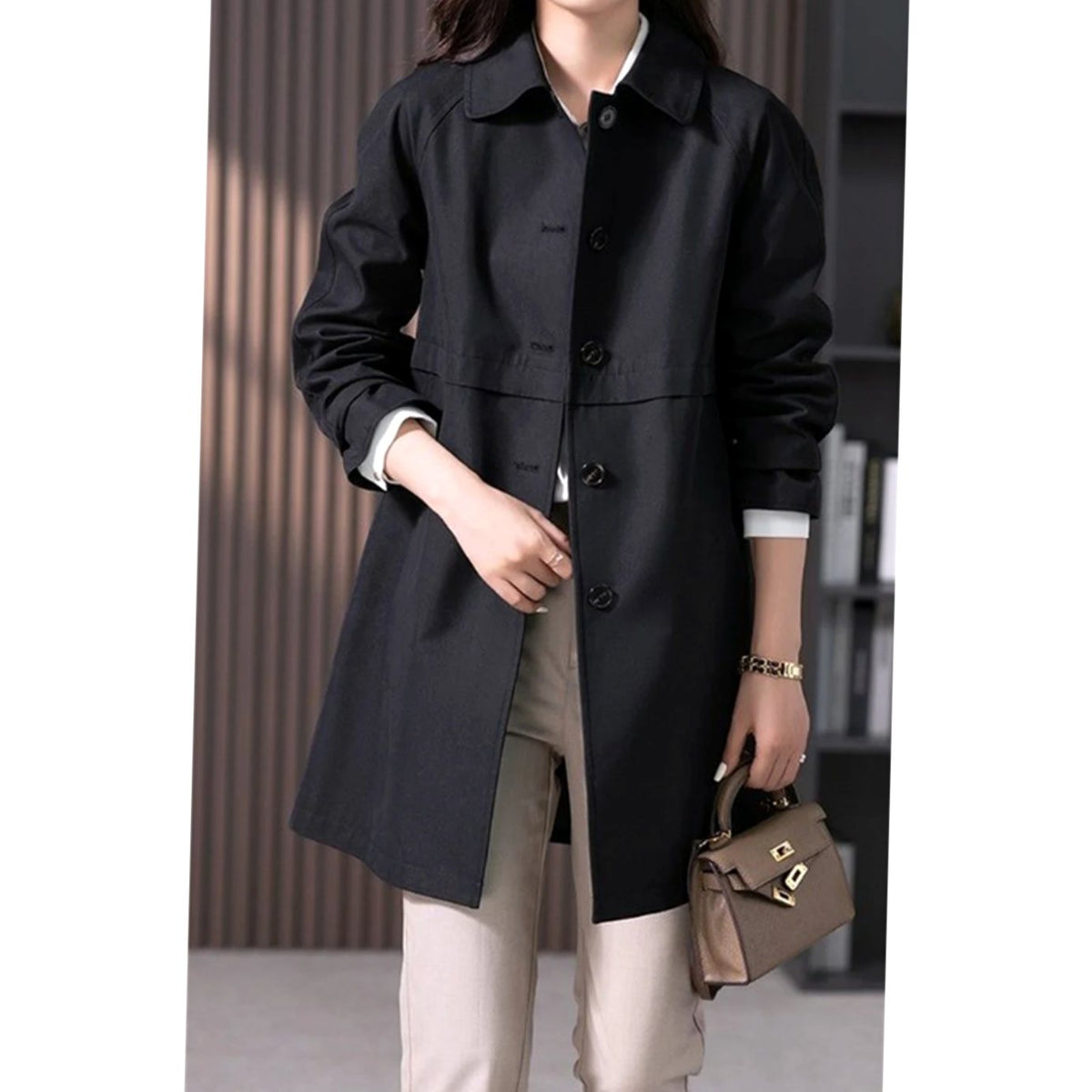 Women's Tailored-Fit Single-Breasted Mid-Thigh Trench Coat