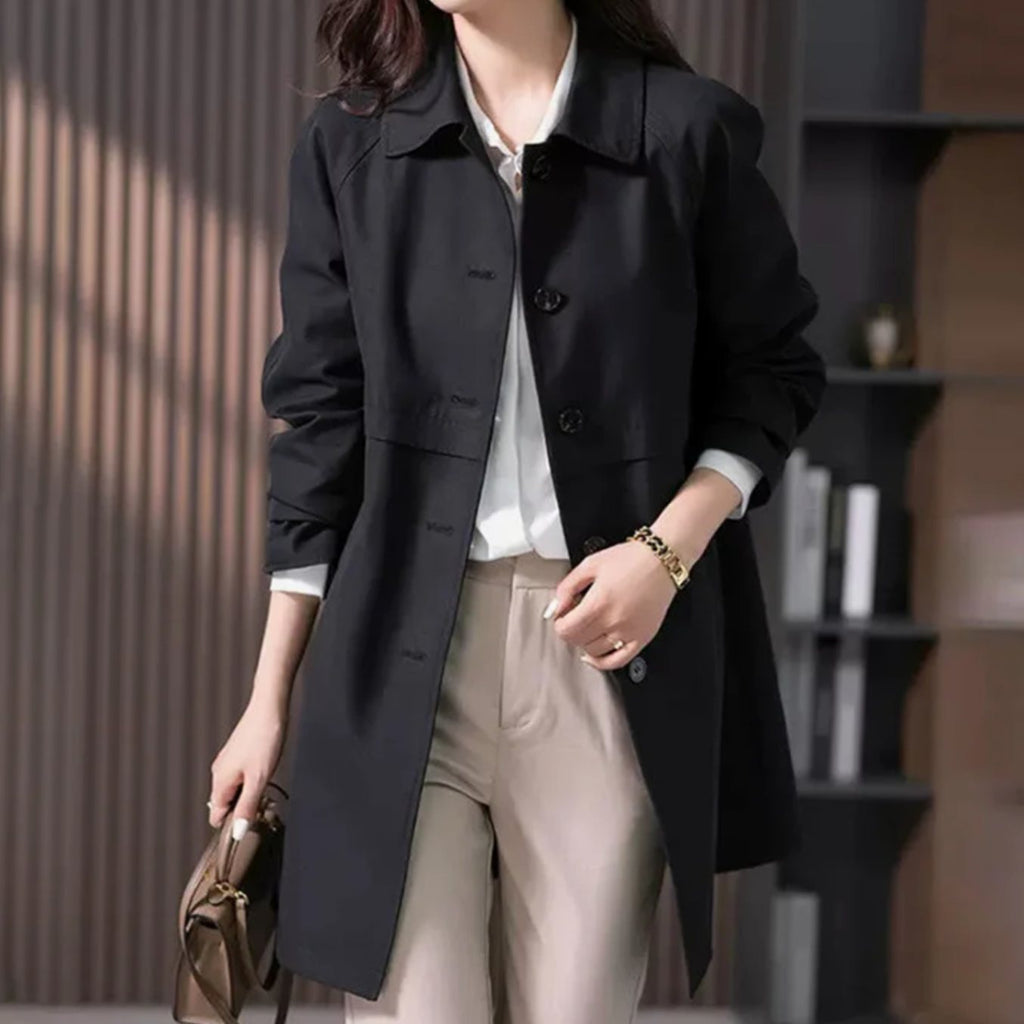 Women's Tailored-Fit Single-Breasted Mid-Thigh Trench Coat - Black