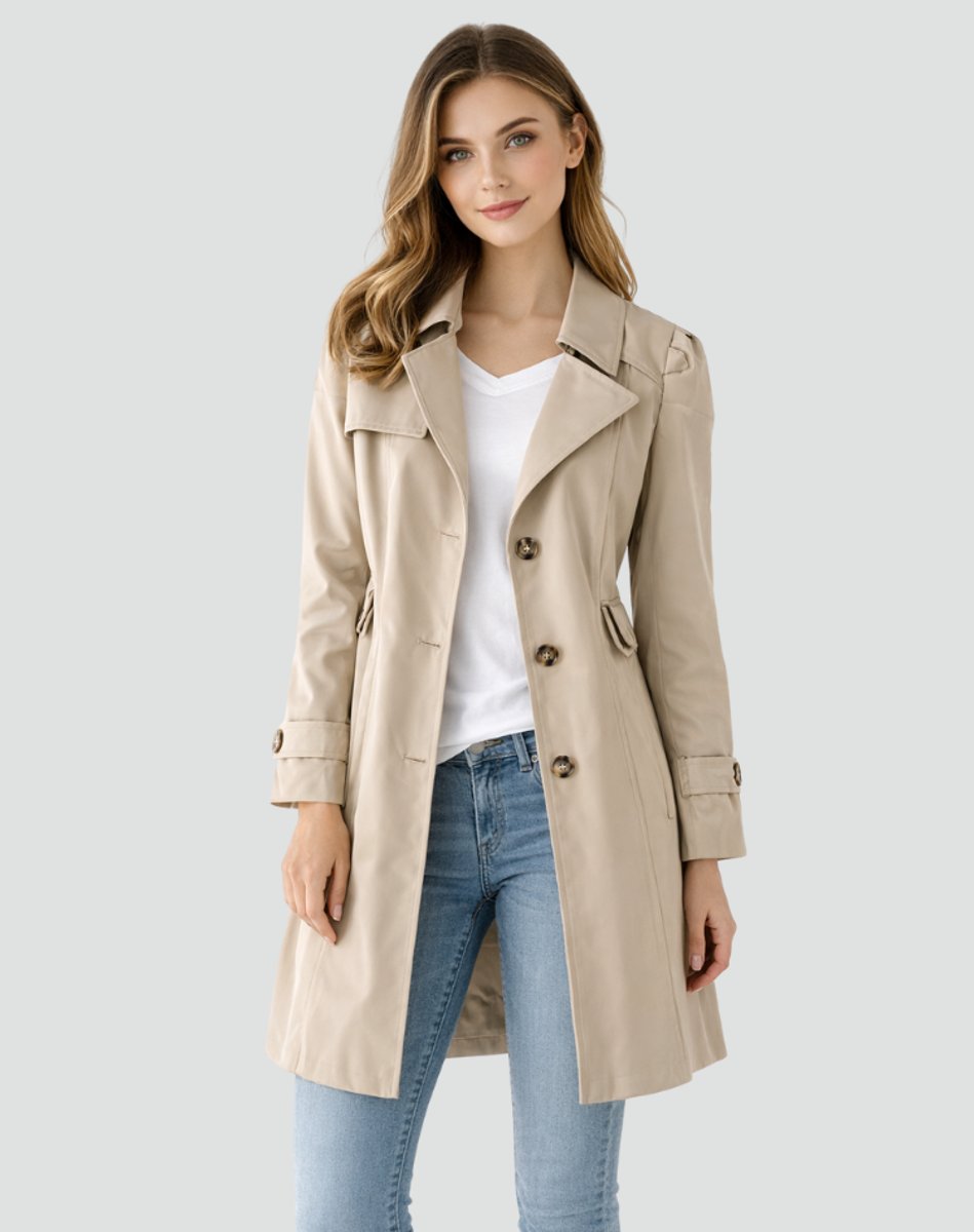 Women's Tailored Mid-Length Button-Front Trench Coat - Khaki