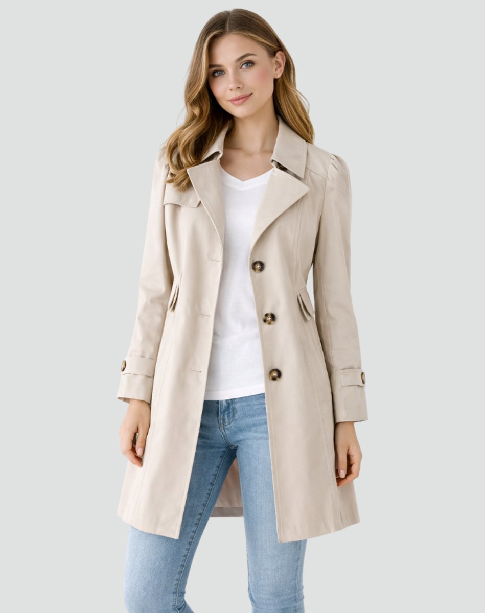 Women's Tailored Mid-Length Button-Front Trench Coat - Beige