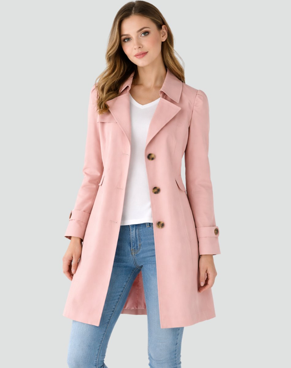 Women's Tailored Mid-Length Button-Front Trench Coat - Pink