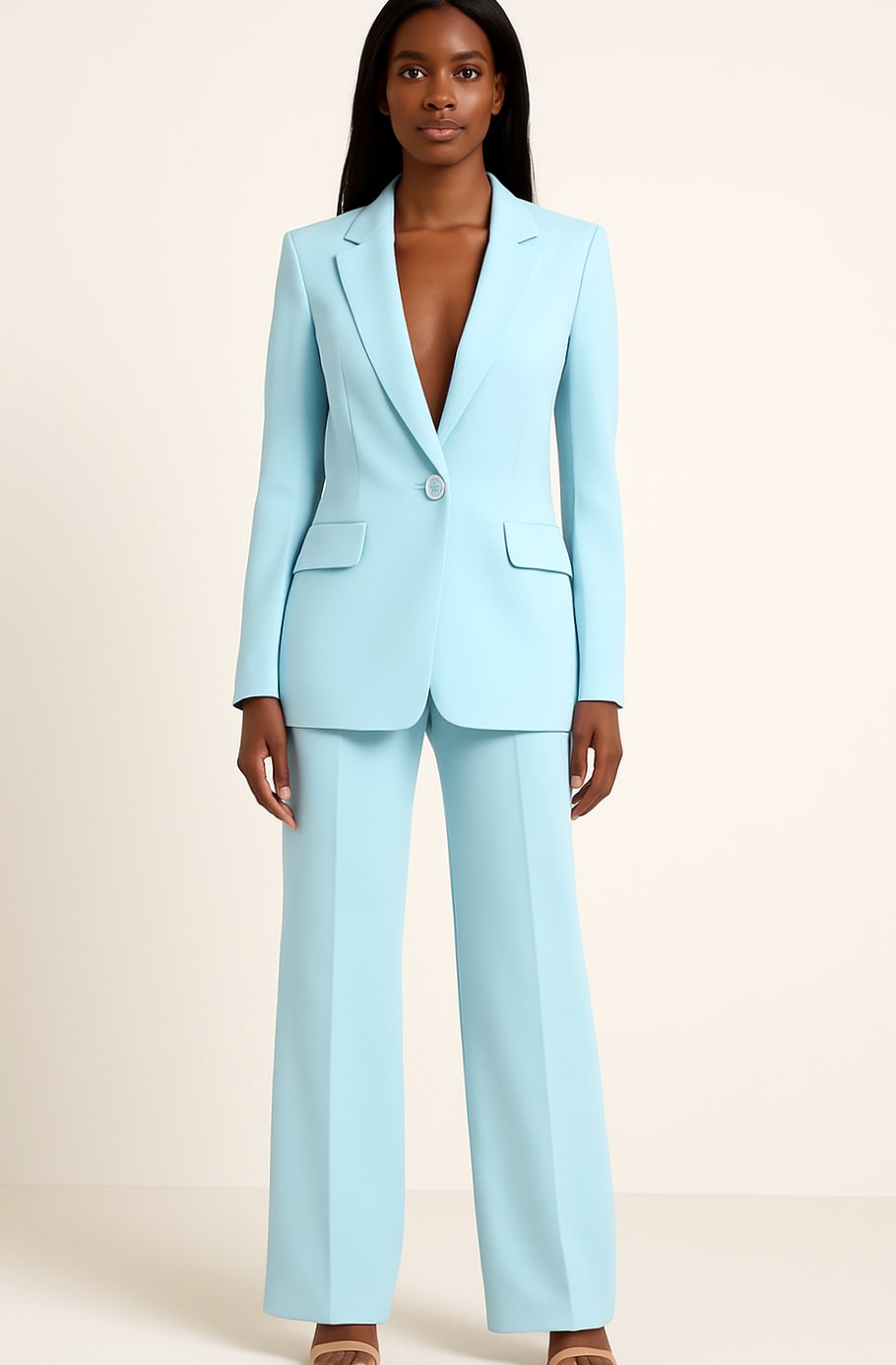 Women's Tailored Single-Button Blazer Pant Suit Set - Turquoise